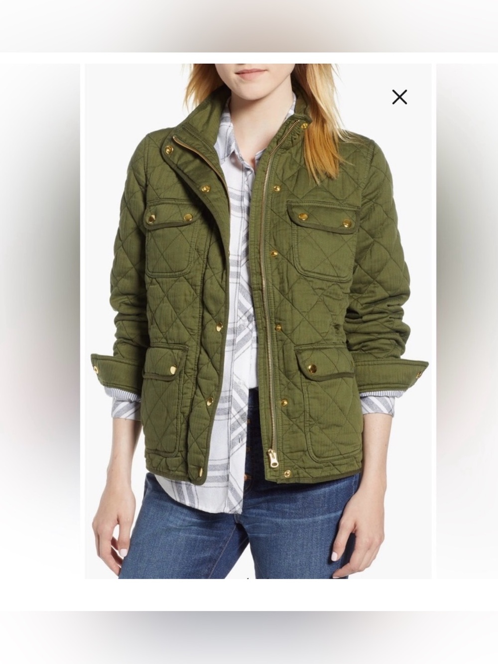J.Crew Quilted Utility Jacket Olive Green Gold Snap 4 Pocket